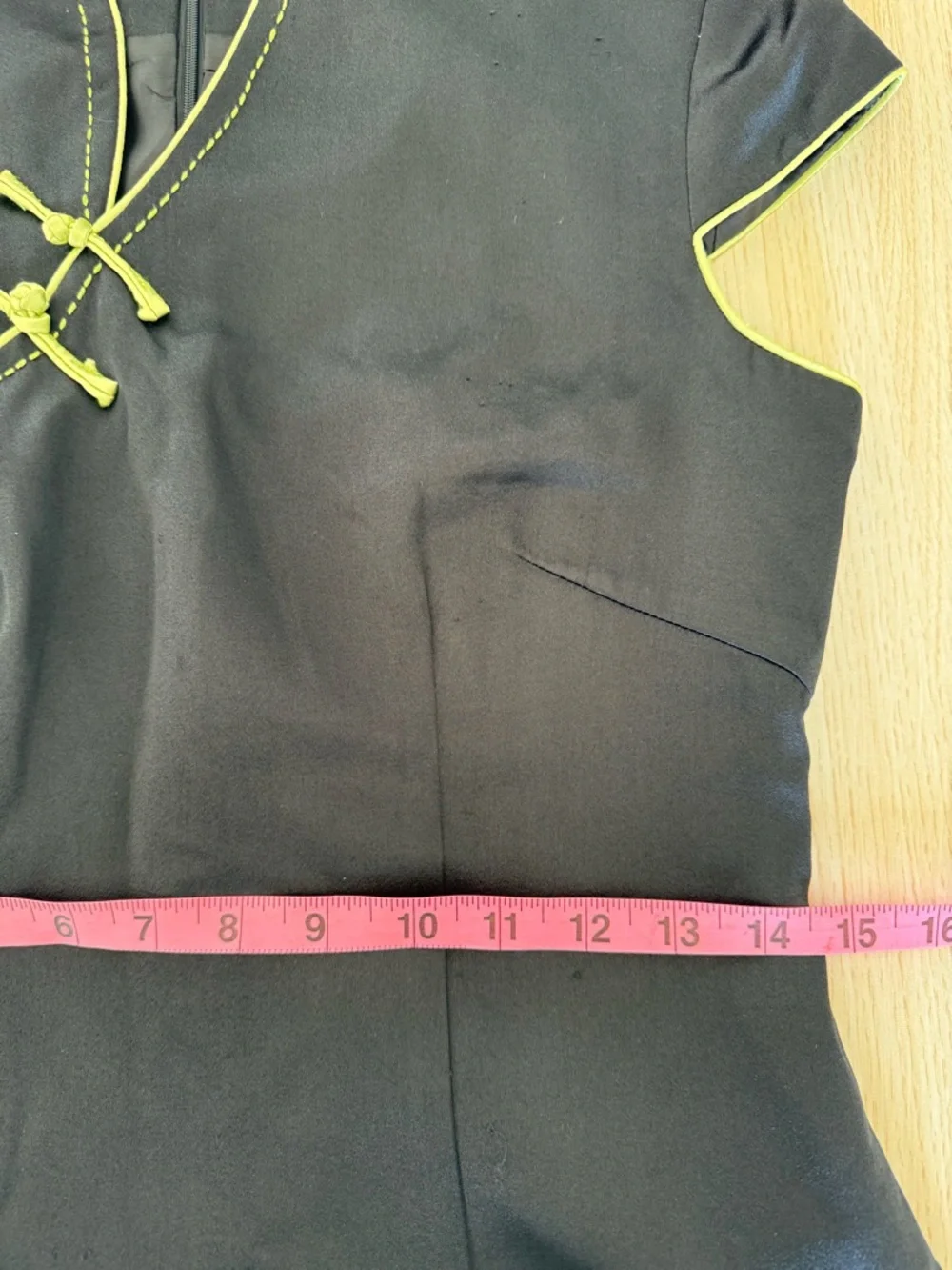 Vintage Style Black Satin Cheongsam Mini Dress Lime Green Trim y2k / 90s - Picture 12 of 12